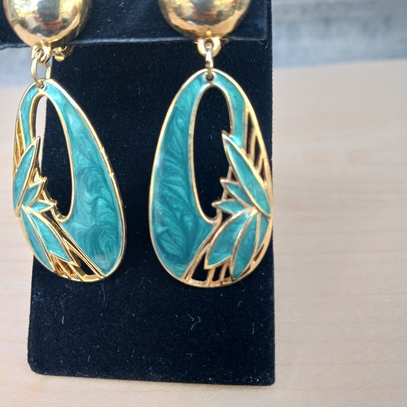 Vintage Edgar Berebi Signed Gold Tone Blue Enamel Dangle Earrings Clip On - Picture 3 of 6